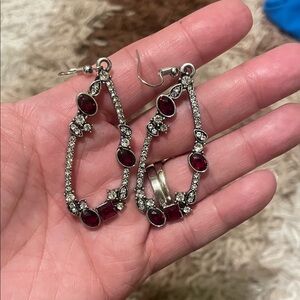 Source Unknown Silver-Tone Drop Earrings with Deep Red Stones